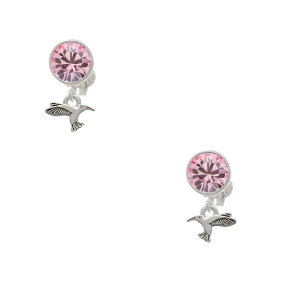 Delight Jewelry Silvertone Mini Hummingbird Pink Crystal Clip on Earrings