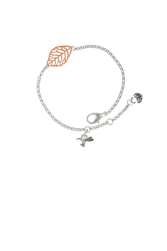Silvertone Mini Hummingbird - Rose Goldtone Leaf Delicate Bracelet, 6.25+1.75"