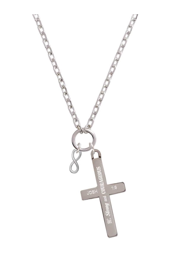 Silvertone Mini Infinity Sign Be Strong and Courageous Engraved Cross Zoey Necklace, 28"