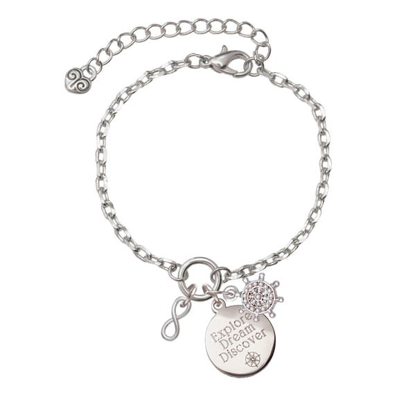 Delight Jewelry Silvertone Mini Infinity Sign Silvertone Discover Dream Explore Zoey Charm Bracelet, 6.5+2" Extender