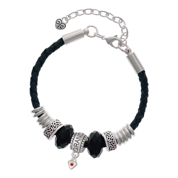 Delight Jewelry Silvertone Mini July - Red Crystal Heart Granddaughter Celtic Knot Leather Bead Bracelet, 7"+2" Extender