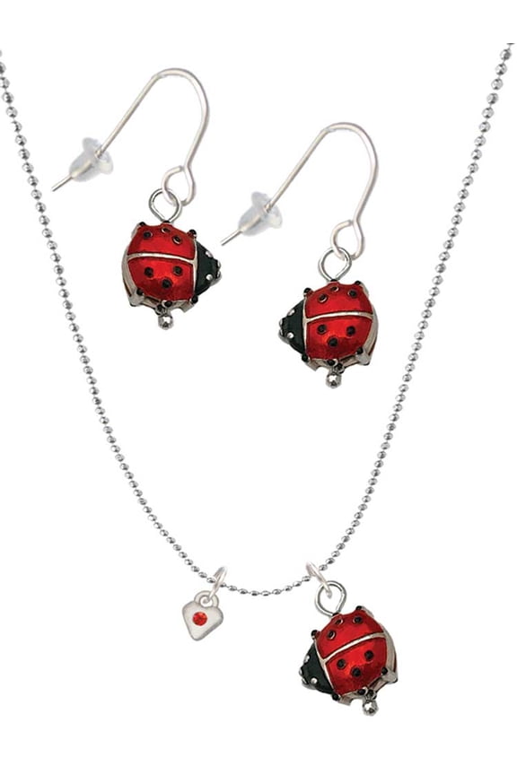 Silvertone Mini July - Red Crystal Heart Red Lucky Ladybug Necklace and Dangle Earrings Set