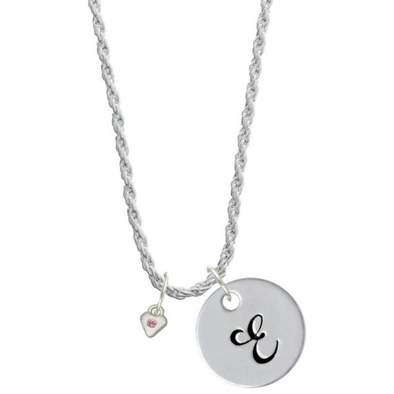 Delight Jewelry Silvertone Mini Light Pink Crystal Heart Silvertone Script Initial Disc - E - Charm Necklace, 20"+3"
