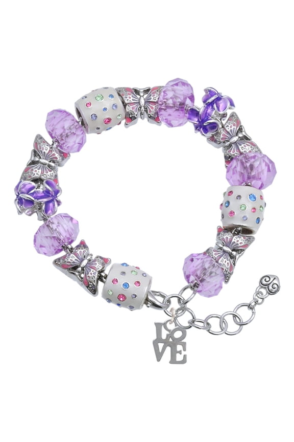 Silvertone Mini Love in Square Purple Butterfly Bead Charm Bracelet, 7"+1" Extender