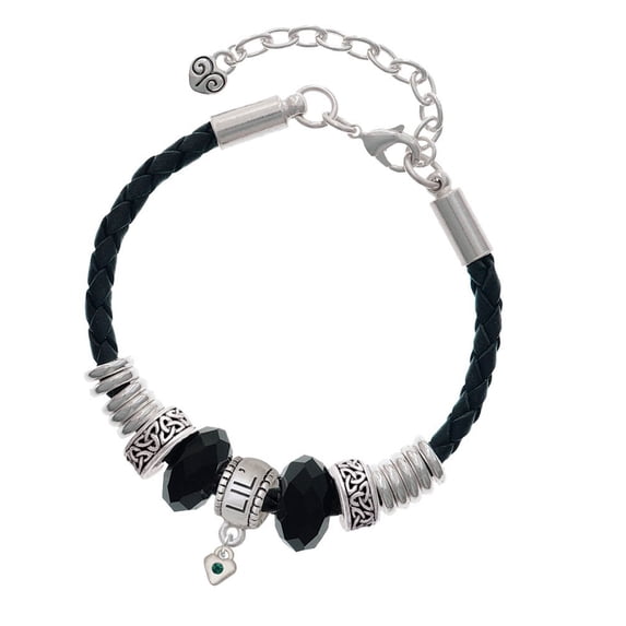 Delight Jewelry Silvertone Mini May - Green Crystal Heart Lil Sister Celtic Knot Leather Bead Bracelet, 7"+2" Extender