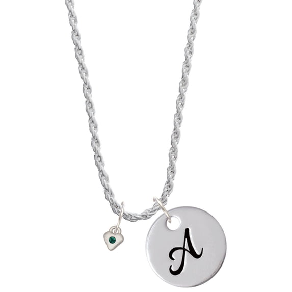 Delight Jewelry Silvertone Mini May - Green Crystal Heart Silvertone Script Initial Disc - A - Charm Necklace, 20"+3"