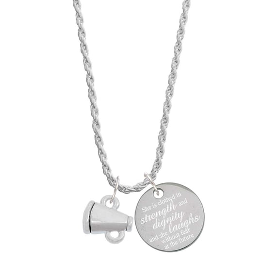 Delight Jewelry Silvertone Mini Megaphone She is Clothed in Stength and Dignity Charm Necklace, 20"+3"