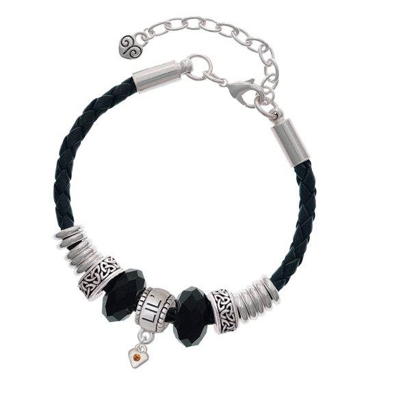 Delight Jewelry Silvertone Mini November - Yellow Crystal Heart Lil Sister Celtic Knot Leather Bead Bracelet, 7"+2" Extender