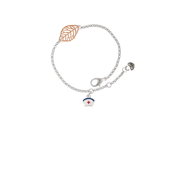 Delight Jewelry Silvertone Mini Nurse Hat - Rose Goldtone Leaf Delicate Bracelet, 6.25+1.75"