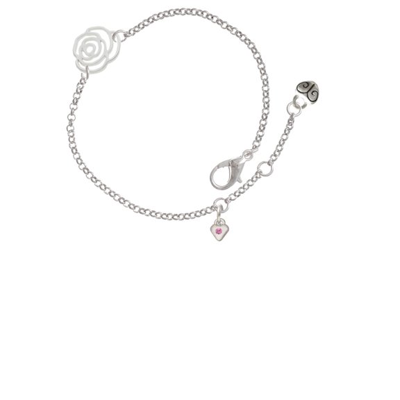 Delight Jewelry Silvertone Mini October - Hot Pink Crystal Heart Silver-tone Rose Link Chain Bracelet, 6.25"+1.75" Extender
