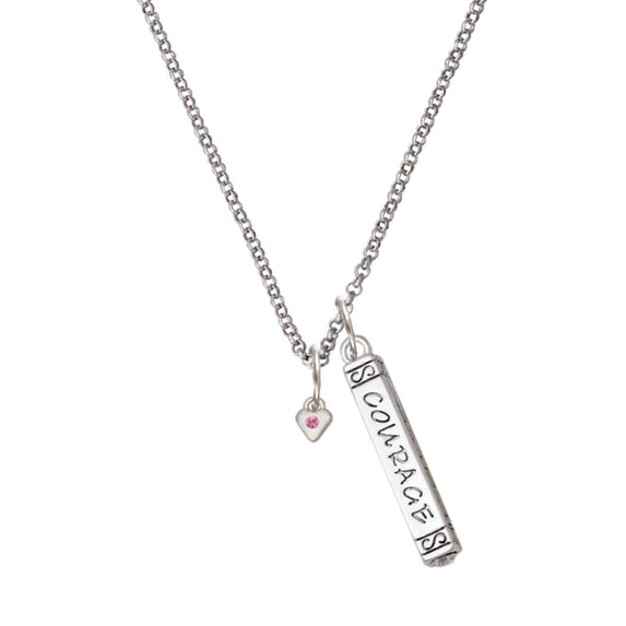 Delight Jewelry Silvertone Mini October - Hot Pink Crystal Heart Silvertone Courage Strength Wisdom Honesty Bar Charm Necklace, 23"