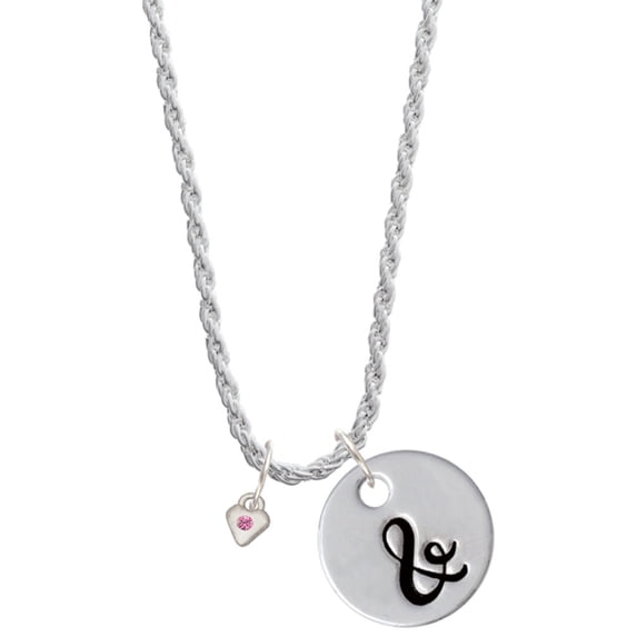Delight Jewelry Silvertone Mini October - Hot Pink Crystal Heart Silvertone Script Initial Disc - & - Charm Necklace, 20"+3"