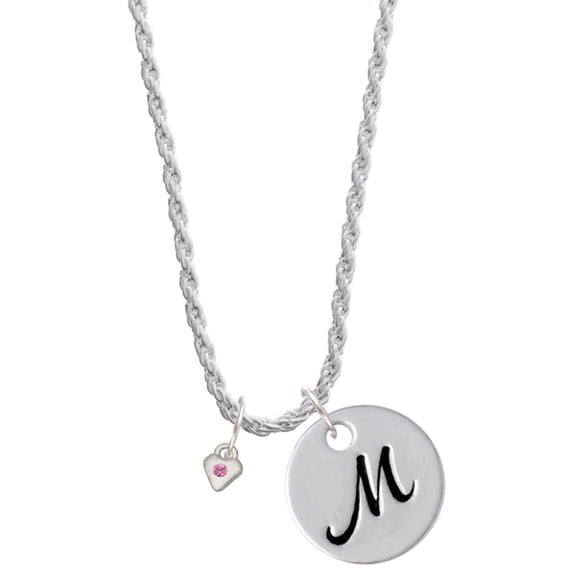 Delight Jewelry Silvertone Mini October - Hot Pink Crystal Heart Silvertone Script Initial Disc - M - Charm Necklace, 20"+3"
