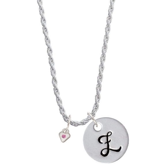 Delight Jewelry Silvertone Mini October - Hot Pink Crystal Heart Silvertone Script Initial Disc - Z - Charm Necklace, 20"+3"