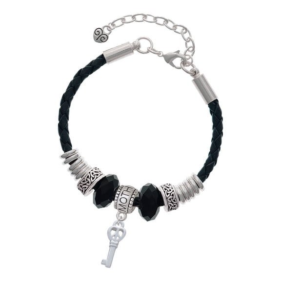 Delight Jewelry Silvertone Mini Open Peace Heart Key Mother Celtic Knot Leather Bead Bracelet, 7"+2" Extender