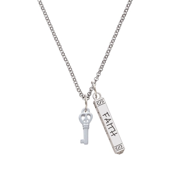 Delight Jewelry Silvertone Mini Open Peace Heart Key Silvertone Believe Faith Prayer Hope Bar Charm Necklace, 23"