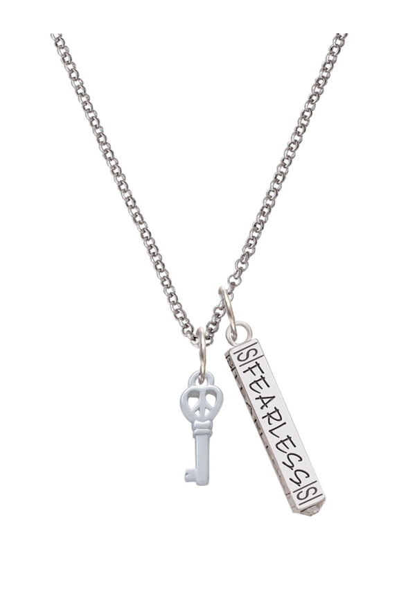 Silvertone Mini Open Peace Heart Key Silvertone Fearless Bar Charm Necklace, 23"