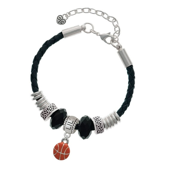 Delight Jewelry Silvertone Mini Orange Basketball - Middle Sister Celtic Knot Leather Bead Bracelet, 7"+2" Extender