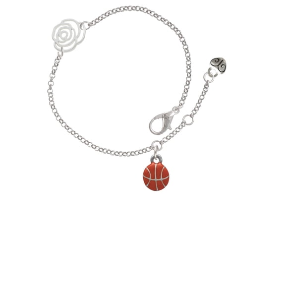 Delight Jewelry Silvertone Mini Orange Basketball - Silver-tone Rose Link Chain Bracelet, 6.25"+1.75" Extender