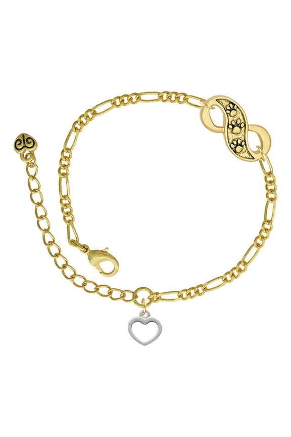 Silvertone Mini Outline Heart Gold-tone Paw Infinity Link Chain Bracelet, 6"+2" Extender