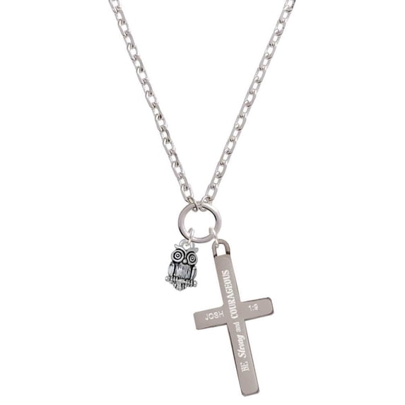 Delight Jewelry Silvertone Mini Owl Be Strong and Courageous Engraved Cross Zoey Necklace, 28"