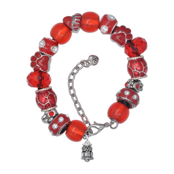 Delight Jewelry Silvertone Mini Owl Red Paw Print Bead Bracelet, 7"+2"