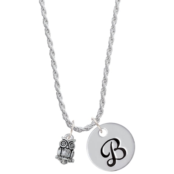 Delight Jewelry Silvertone Mini Owl Silvertone Script Initial Disc - B - Charm Necklace, 20"+3"