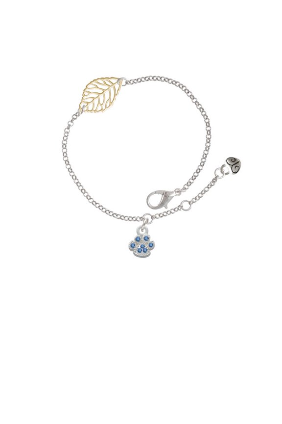 Silvertone Mini Paw with Blue Crystals - Goldtone Leaf Delicate Bracelet, 6.25+1.75"