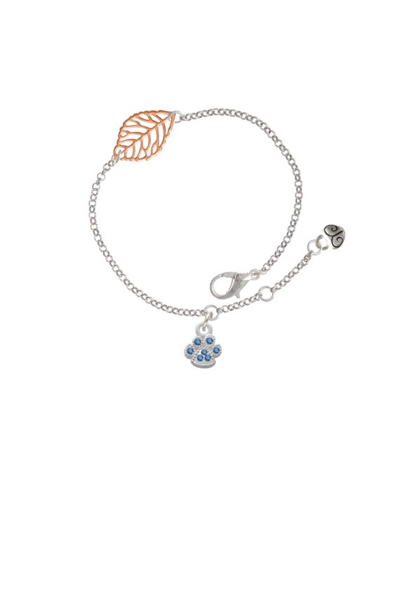 Silvertone Mini Paw with Blue Crystals - Rose Goldtone Leaf Delicate Bracelet, 6.25+1.75"