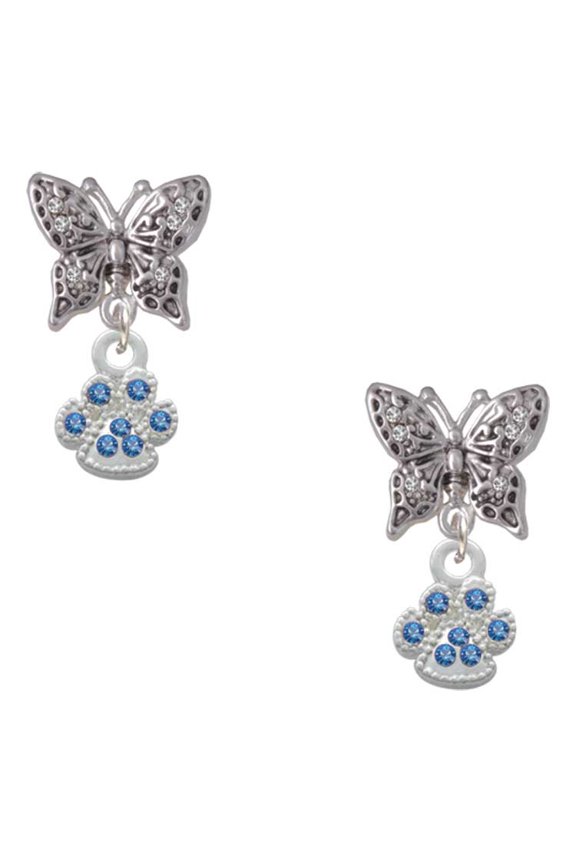 Silvertone Mini Paw with Blue Crystals Silvertone Antiqued Butterfly Post Earrings