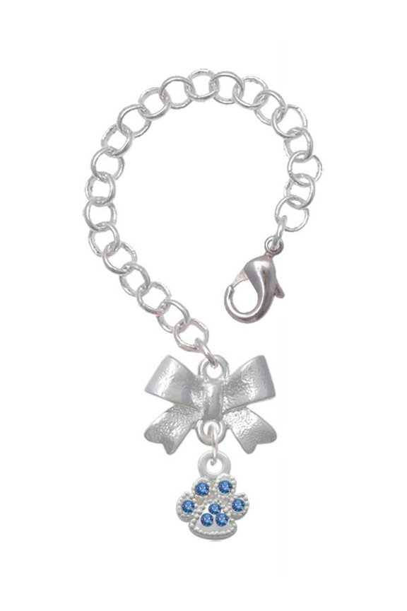 Silvertone Mini Paw with Blue Crystals - Silvertone Bow Charm Accessory for Tumblers and Thermal Cups