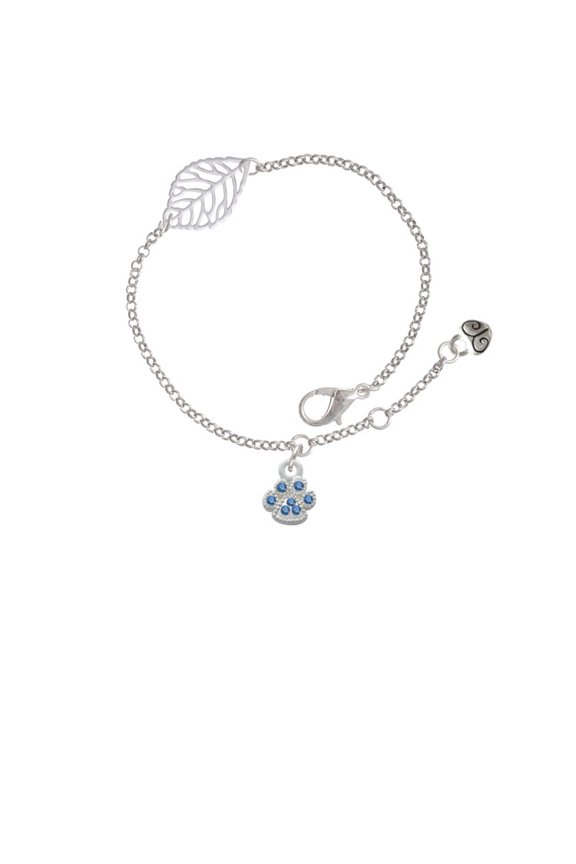 Silvertone Mini Paw with Blue Crystals - Silvertone Leaf Delicate Bracelet, 6.25+1.75"