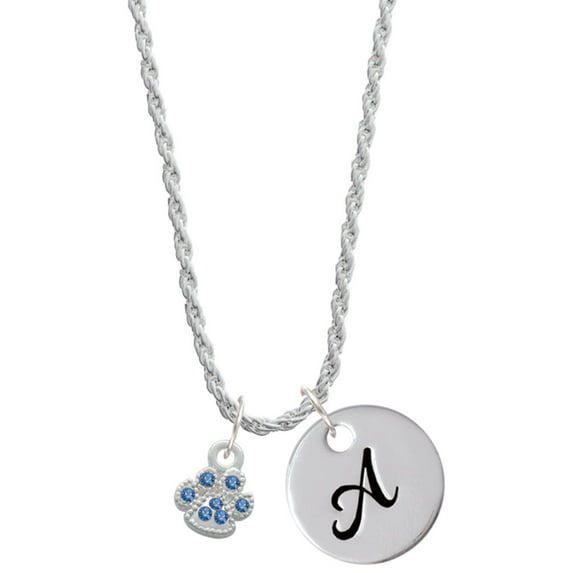 Delight Jewelry Silvertone Mini Paw with Blue Crystals Silvertone Script Initial Disc - A - Charm Necklace, 20"+3"