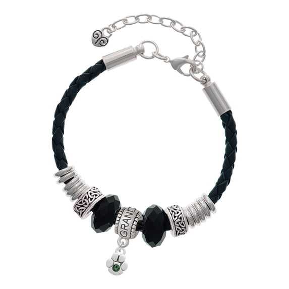 Delight Jewelry Silvertone Mini Paw with Green Crystal Granddaughter Celtic Knot Leather Bead Bracelet, 7"+2" Extender