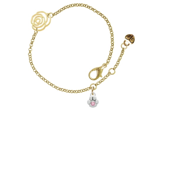 Delight Jewelry Silvertone Mini Paw with Pink Crystal Gold-tone Rose Link Chain Bracelet, 6.25"+1.75" Extender