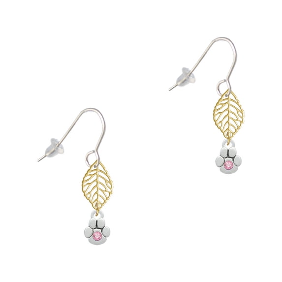 Delight Jewelry Silvertone Mini Paw with Pink Crystal Goldtone Leaf French Earrings