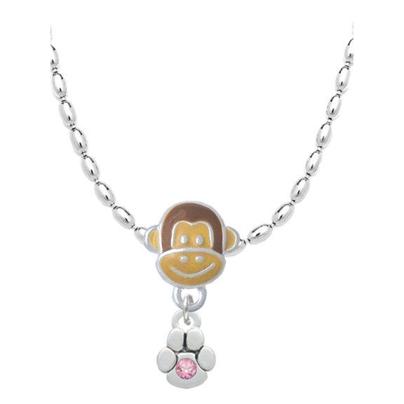 Delight Jewelry Silvertone Mini Paw with Pink Crystal Mia Monkey Charm Necklace