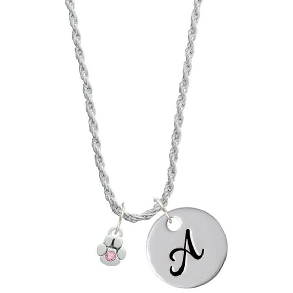 Delight Jewelry Silvertone Mini Paw with Pink Crystal Silvertone Script Initial Disc - A - Charm Necklace, 20"+3"