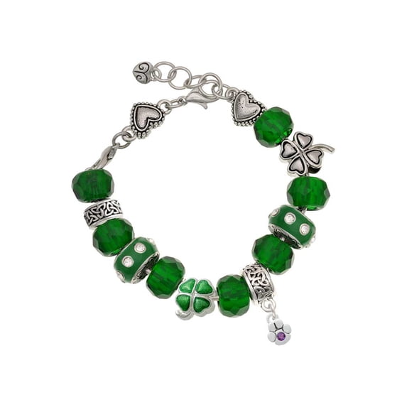 Delight Jewelry Silvertone Mini Paw with Purple Crystal - Green Irish Luck Bead Charm Bracelet, 7.5"