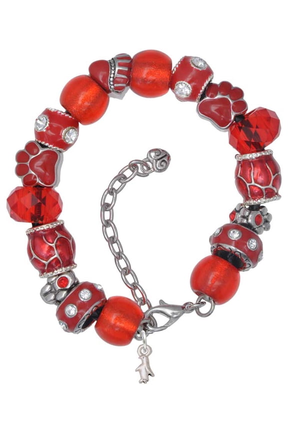 Silvertone Mini Penguin Red Paw Print Bead Bracelet, 7"+2"