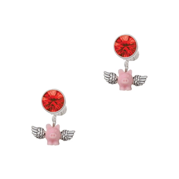 Delight Jewelry Silvertone Mini Pink Flying Pig Red Crystal Clip on Earrings