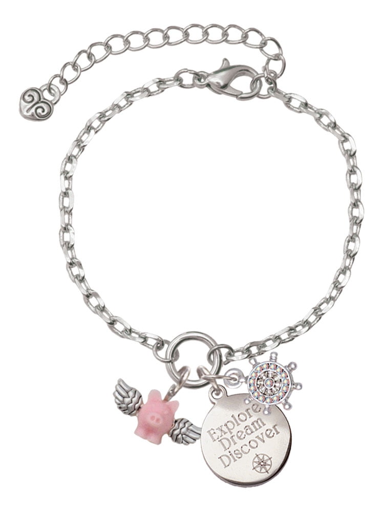 Delight Jewelry Silvertone Mini Pink Flying Pig Silvertone Discover Dream Explore Zoey Charm Bracelet, 6.5+2" Extender
