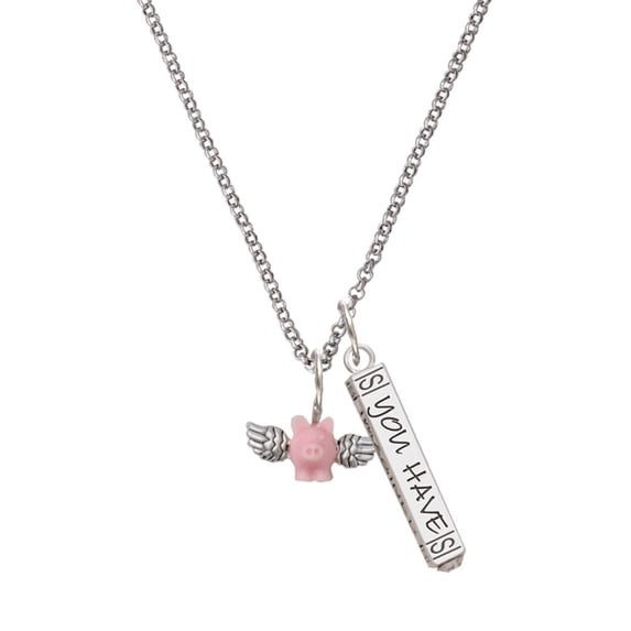 Delight Jewelry Silvertone Mini Pink Flying Pig Silvertone Live the Life You Have Imagined Bar Charm Necklace, 23"