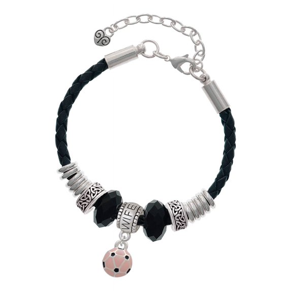 Delight Jewelry Silvertone Mini Pink Soccer ball Wife Celtic Knot Leather Bead Bracelet, 7"+2" Extender