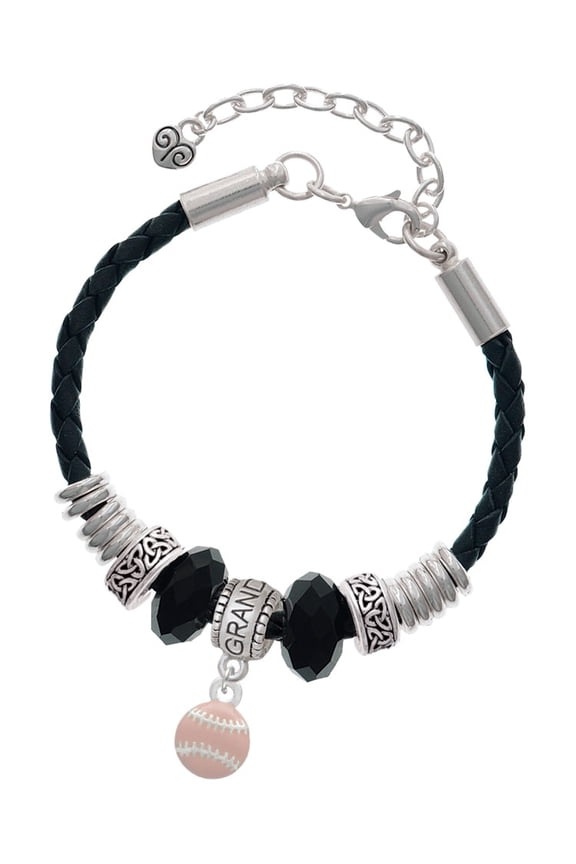 Silvertone Mini Pink Softball or Baseball Granddaughter Celtic Knot Leather Bead Bracelet, 7"+2" Extender