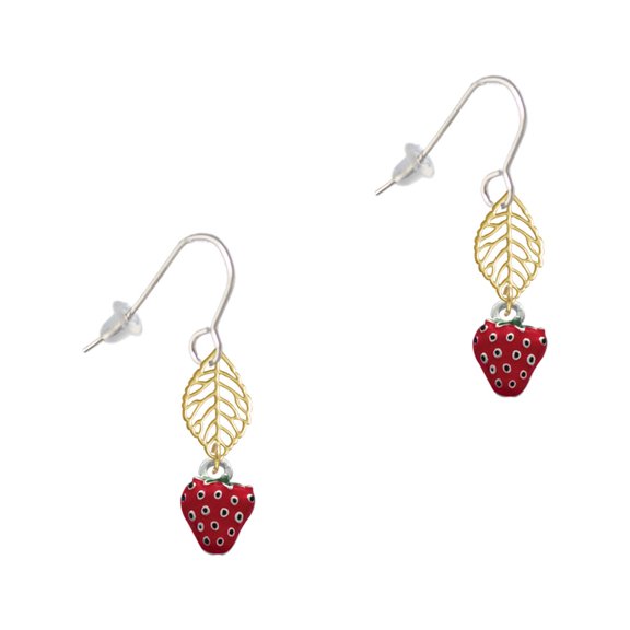 Delight Jewelry Silvertone Mini Red Enamel Strawberry Goldtone Leaf French Earrings