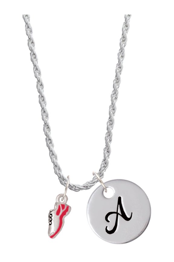 Silvertone Mini Red Running Shoe Silvertone Script Initial Disc - A - Charm Necklace, 20"+3"