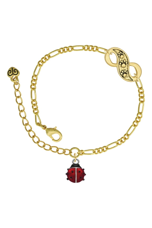 Silvertone Mini Red Translucent Ladybug Gold-tone Paw Infinity Link Chain Bracelet, 6"+2" Extender