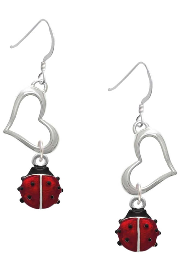 Silvertone Mini Red Translucent Ladybug Open Heart French Earrings