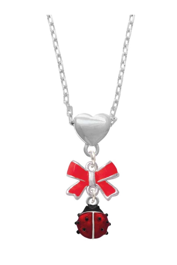 Silvertone Mini Red Translucent Ladybug Red Bow Heart Necklace